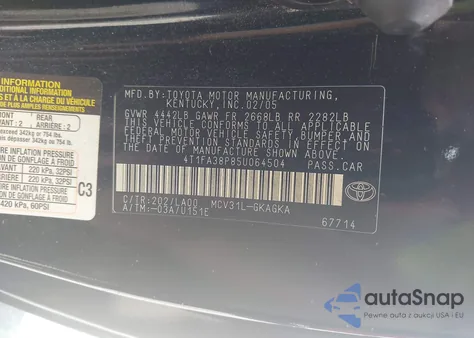 2005 Toyota Camry Solara Sle из США, поврежденный, VIN 4T1FA38P85U064504